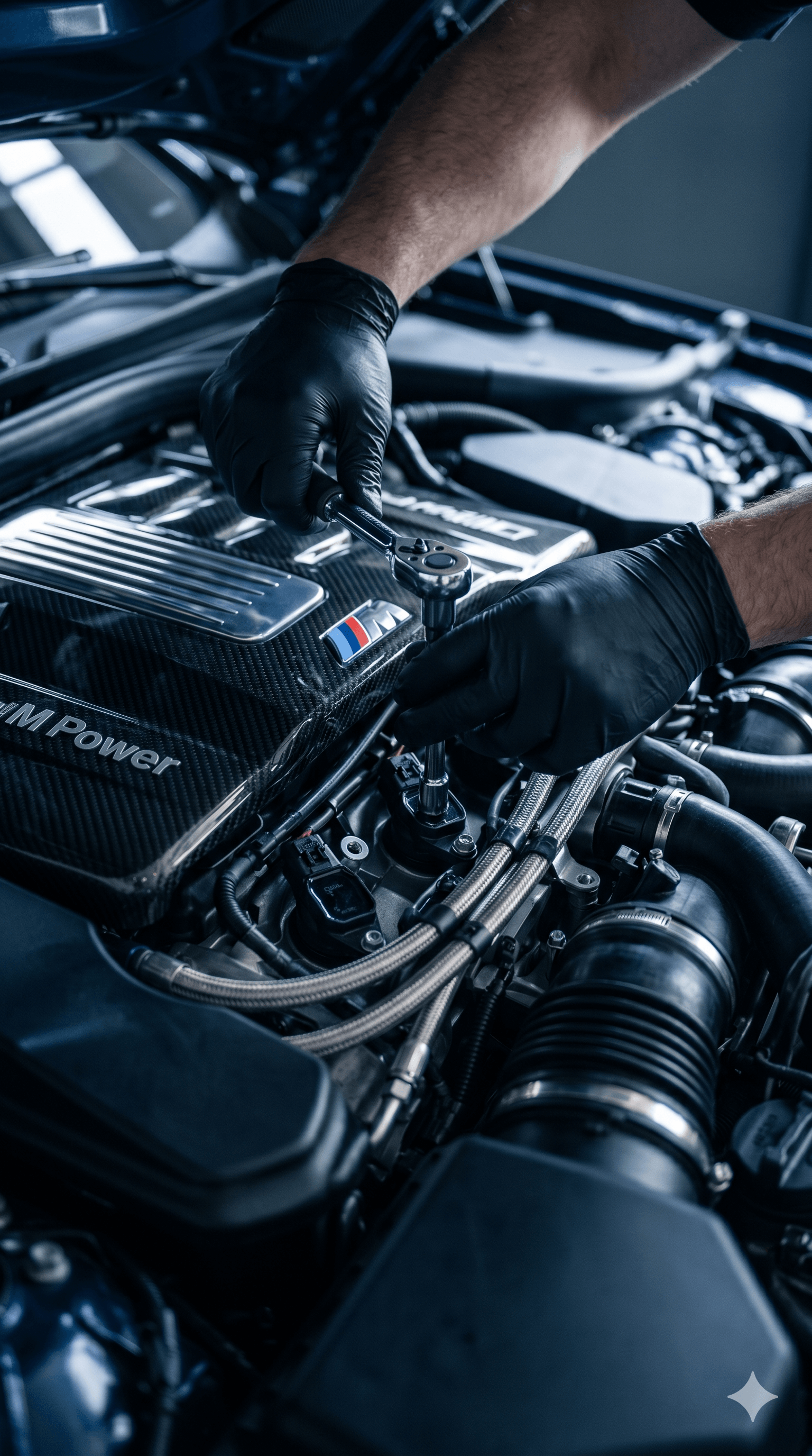 Technician performing detailed work on a luxury engine