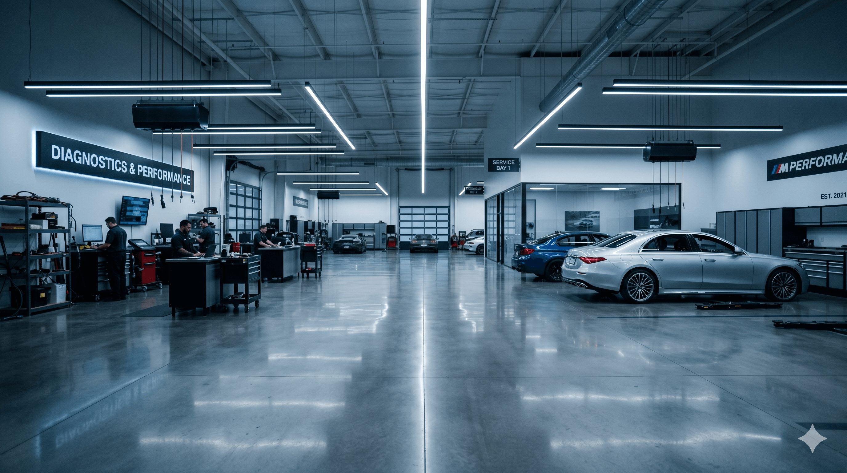 Luxury automotive service bay with premium vehicles